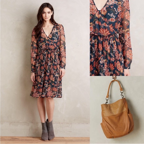 Maeve Anthropologie Apulia Pleated Midi Knee Length Dress Long Sleeve Floral XS - Picture 2 of 15